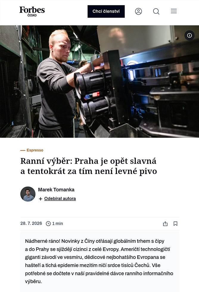 Článek Forbes Česko: Praha je opět slavná
